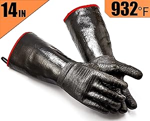 RAPICCA BBQ Gloves -Smoker, Grill, Cooking Barbecue Gloves, for Handling Heat Food Right on Your Fryer, Grill or Oven. Waterproof, Heat Resistant, Fireproof, Oil Resistant Neoprene Coating （14-Inch ）