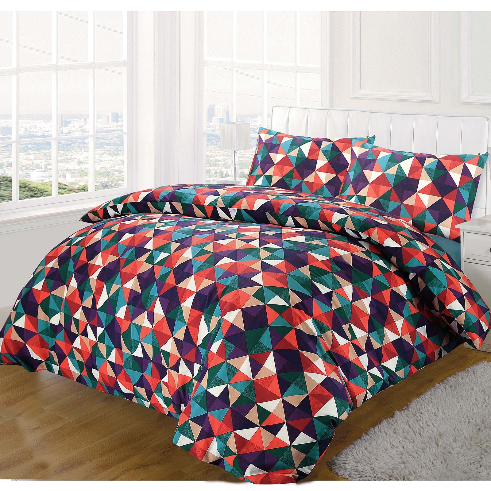 Nimsay Home Elegant Diamond Geometric Prism Pattern Quilt Duvet Cover Set Multi Coloured Polycotton Bedding Set - Double (200 X 200 cm + 2 x 80 x 80 cm)