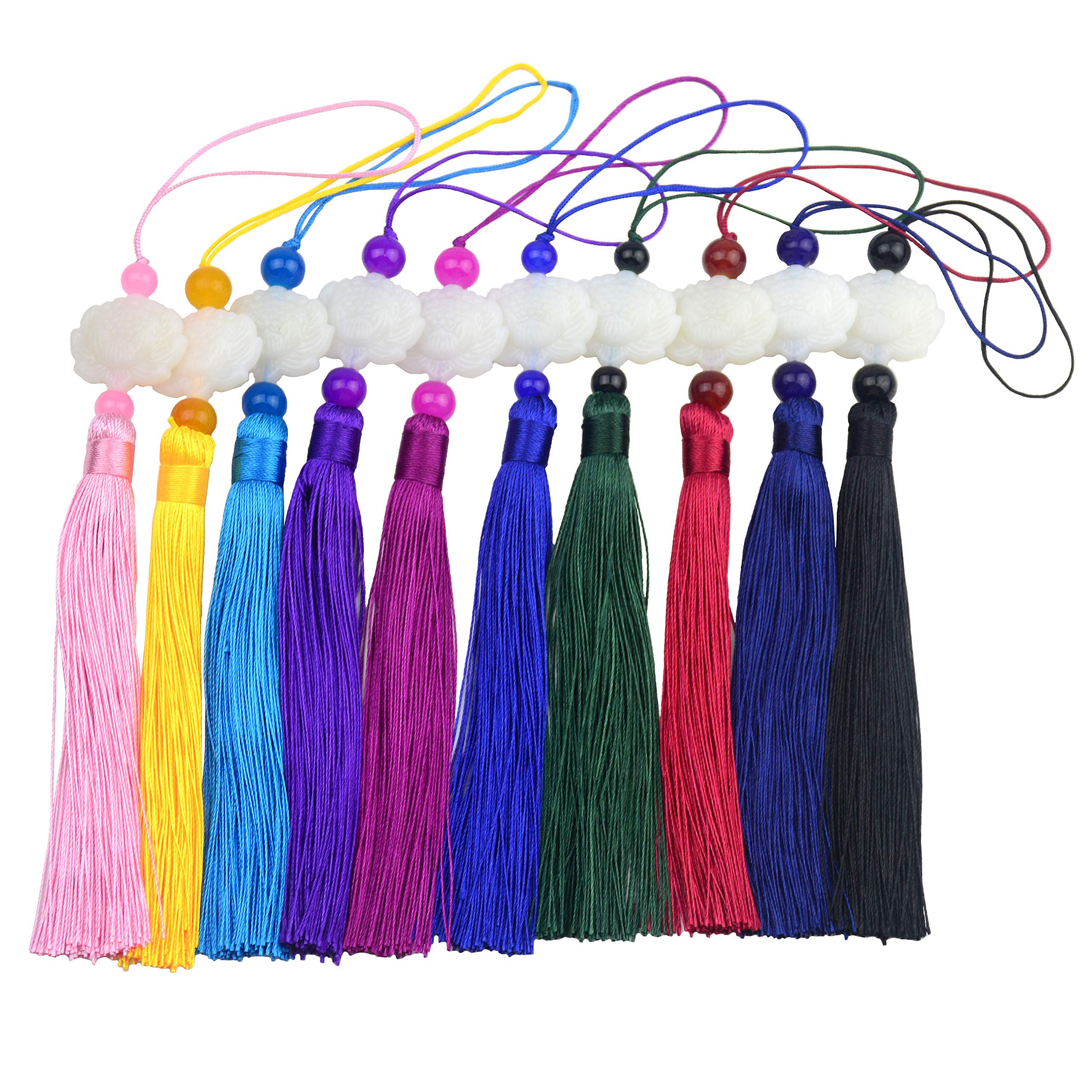 Makhry 10pcs 8.65 Inch Tassel Silky Floss Tassels with Chinese Jade for Jewelry Making, Souvenir, Bookmarks, DIY Craft Accessory (Mixed)