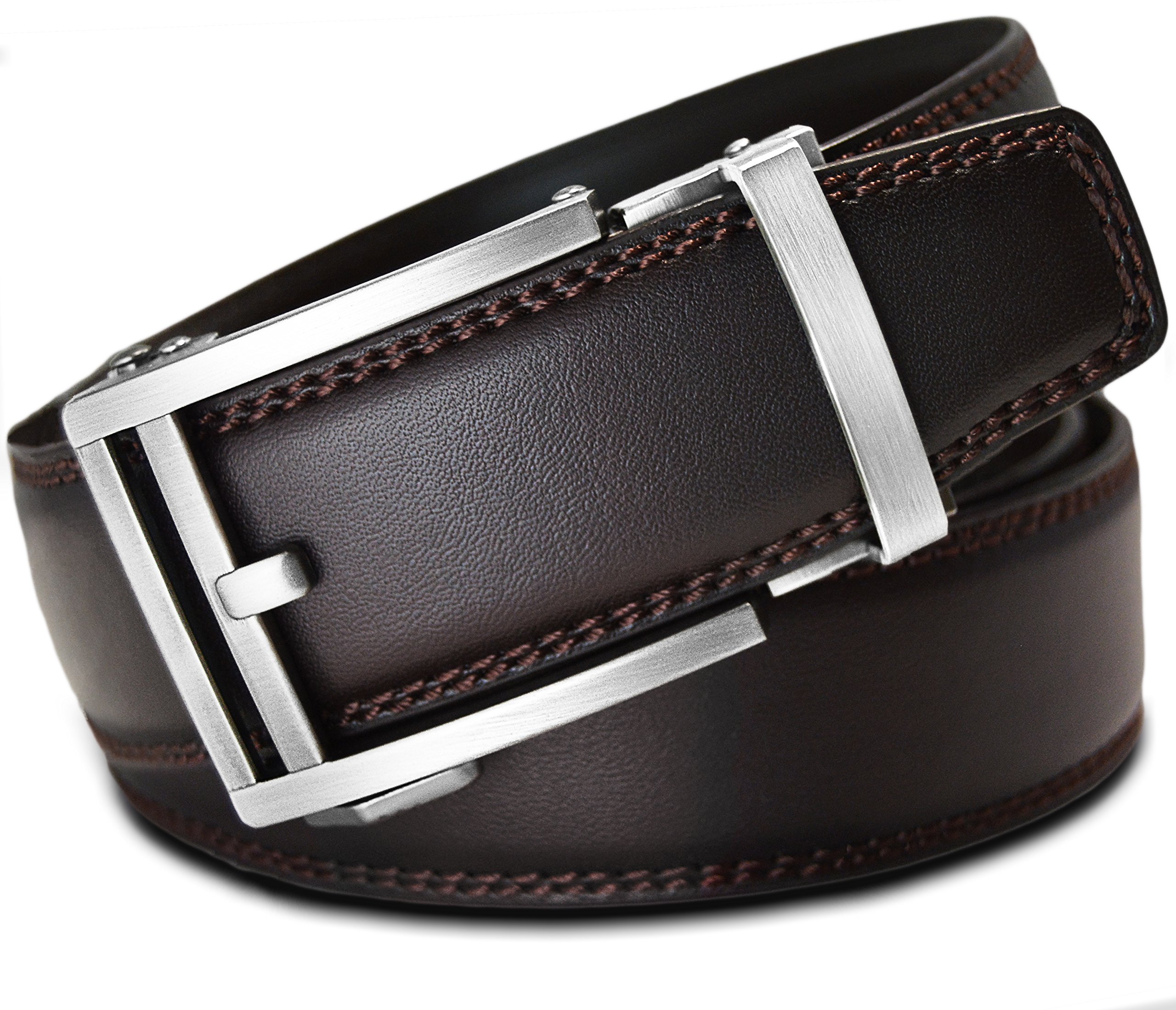 Men's Leather Ratchet Click Belt - Hemingway Brushed Silver Buckle with Double Stitched Brown Leather Belt (Trim to Fit: Up to 35'' Waist)