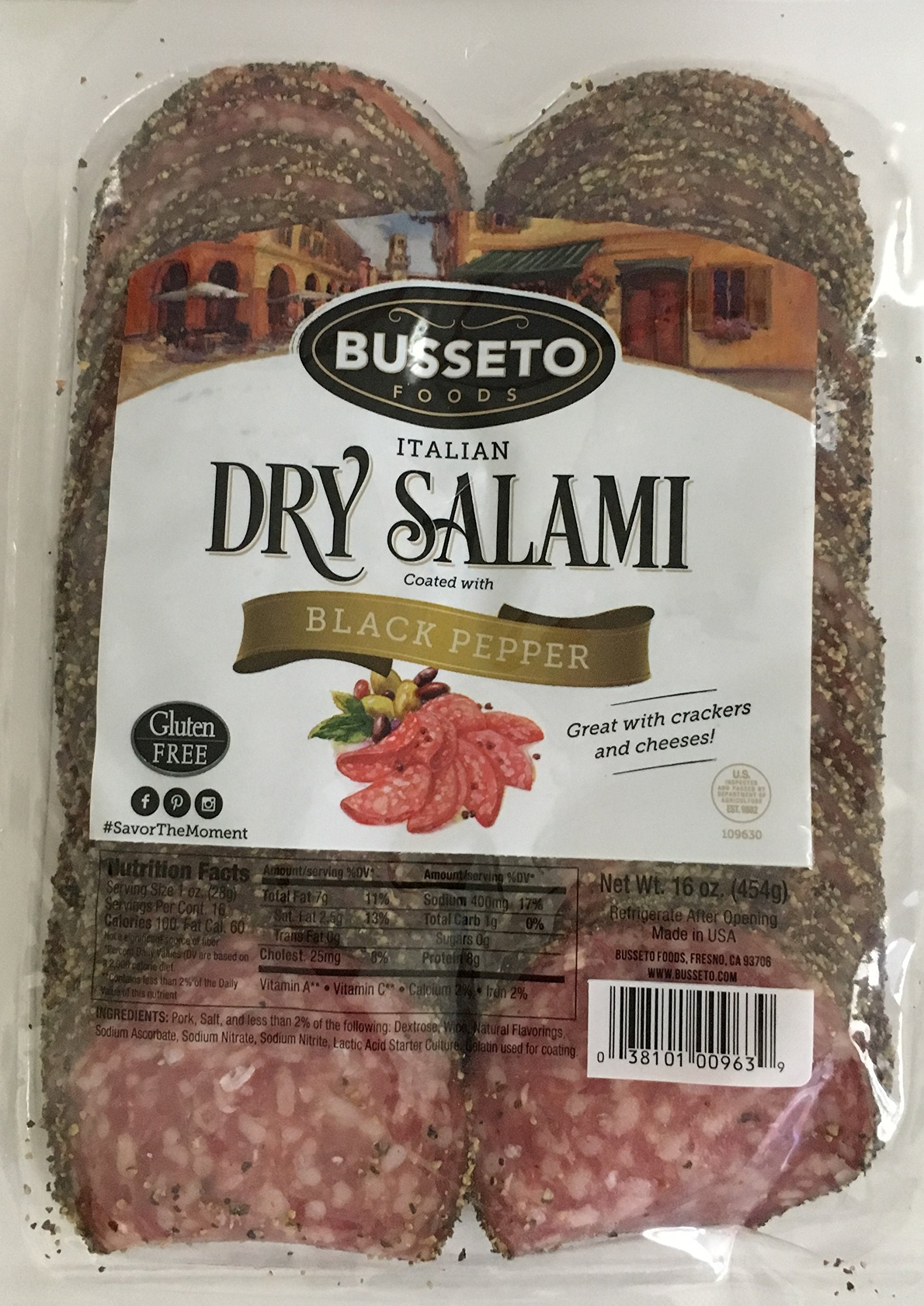 16oz Busseto Italian Dry Salami Black Pepper Coated, Sliced, Gluten Free, Pack of 1