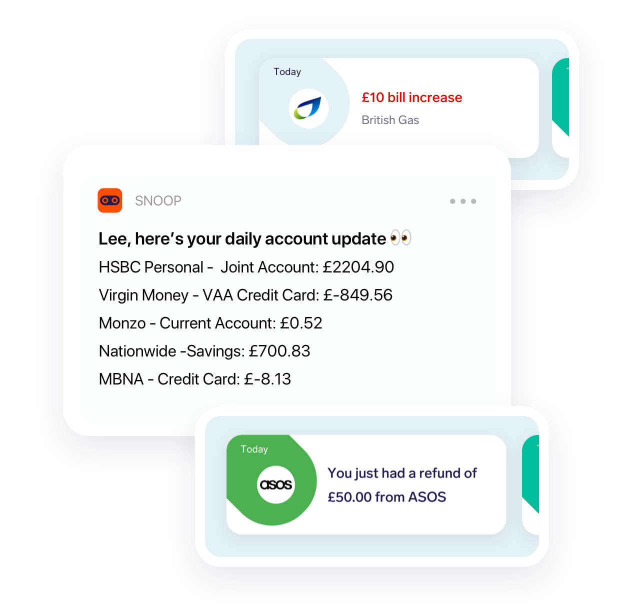 An example of a daily balance alert, a refund alert and a payment increase notification.