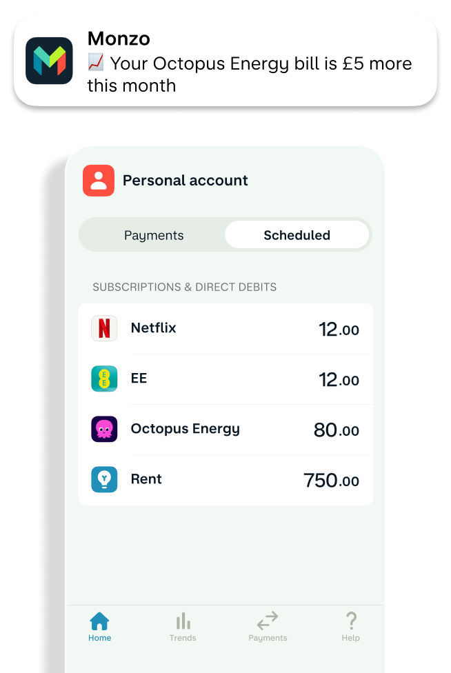 The Monzo app shows a set of scheduled payments and a notification from Thames water