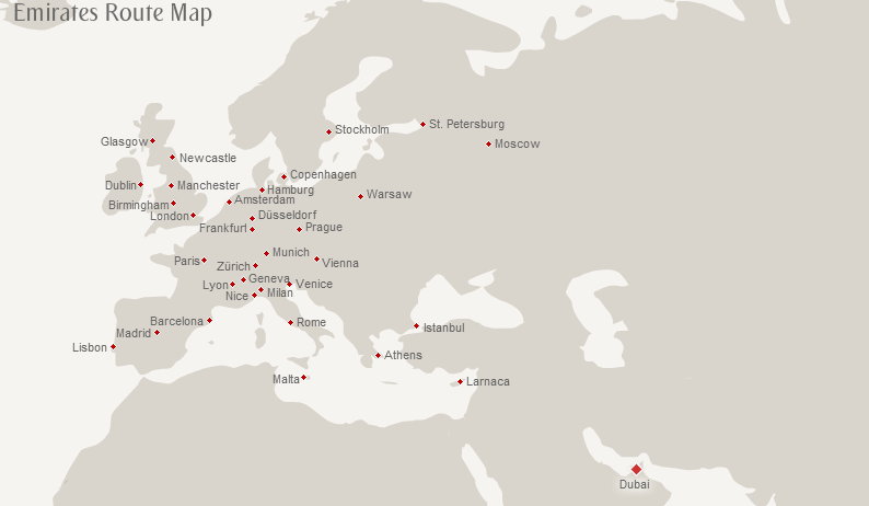 Emirates route map - Europe