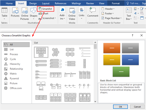 Choose a SmartArt Graphic window in Word