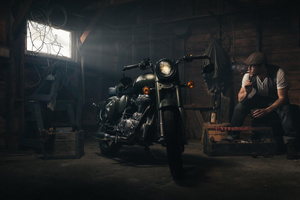 Biker Smoking Garage (2560x1440) Resolution Wallpaper