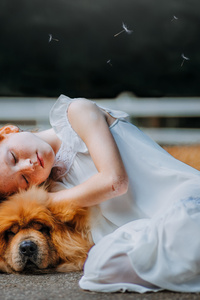 Girl And Dog Sleeping 5k (360x640) Resolution Wallpaper