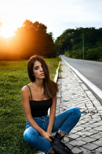 Girl Sitting Road Side (1440x2560) Resolution Wallpaper