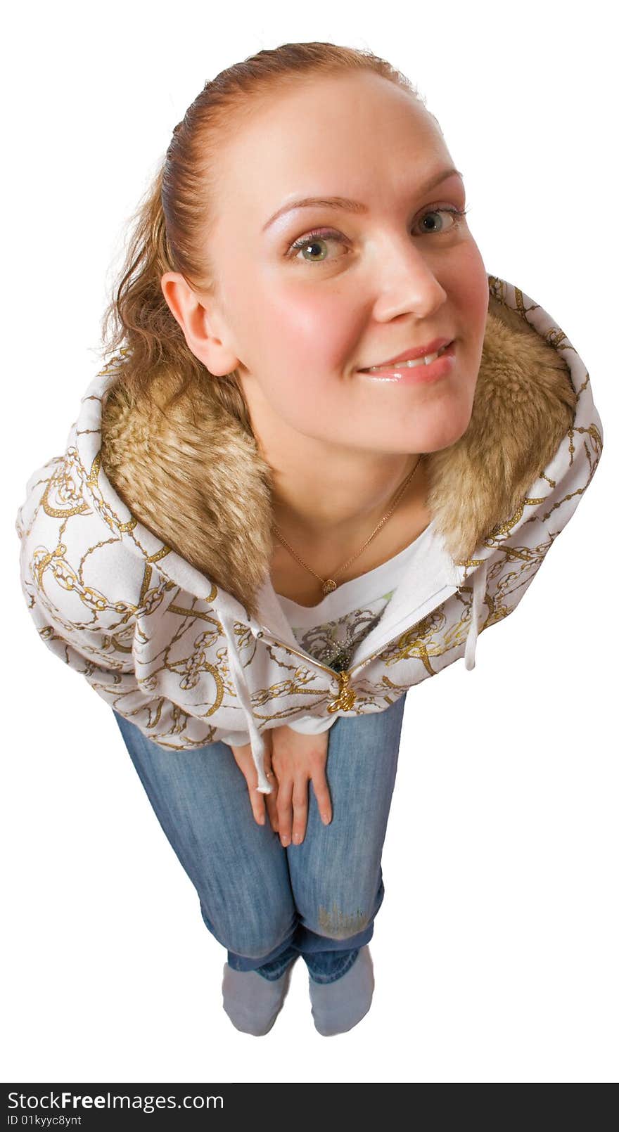 Modest female looking up isolated over white with clipping path