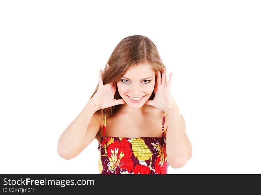 Picture of a young modest beautiful girl in dress on white background.