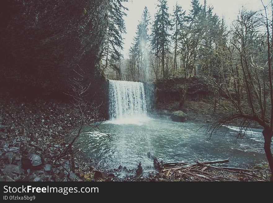 Waterfall in fir forest with relatively modest drop into a pool with stones, rocks and debris carried down by flooding, gray sky. Waterfall in fir forest with relatively modest drop into a pool with stones, rocks and debris carried down by flooding, gray sky.