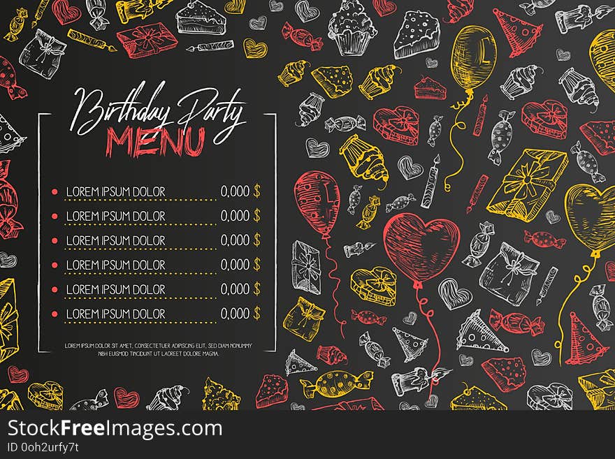 Kids birthday menu vector template, cute children birthday restaurant creative flyer, on black background. Chalk on blackboard hand drawn sketch style illustration Hand drawn vector illustration