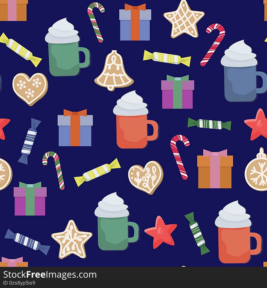 Christmas winter seamless pattern. With hot coffee drink, gingerbread gingerbread, sweets and presents. Holiday New Year symbols. For wrapping paper, covers, fabrics