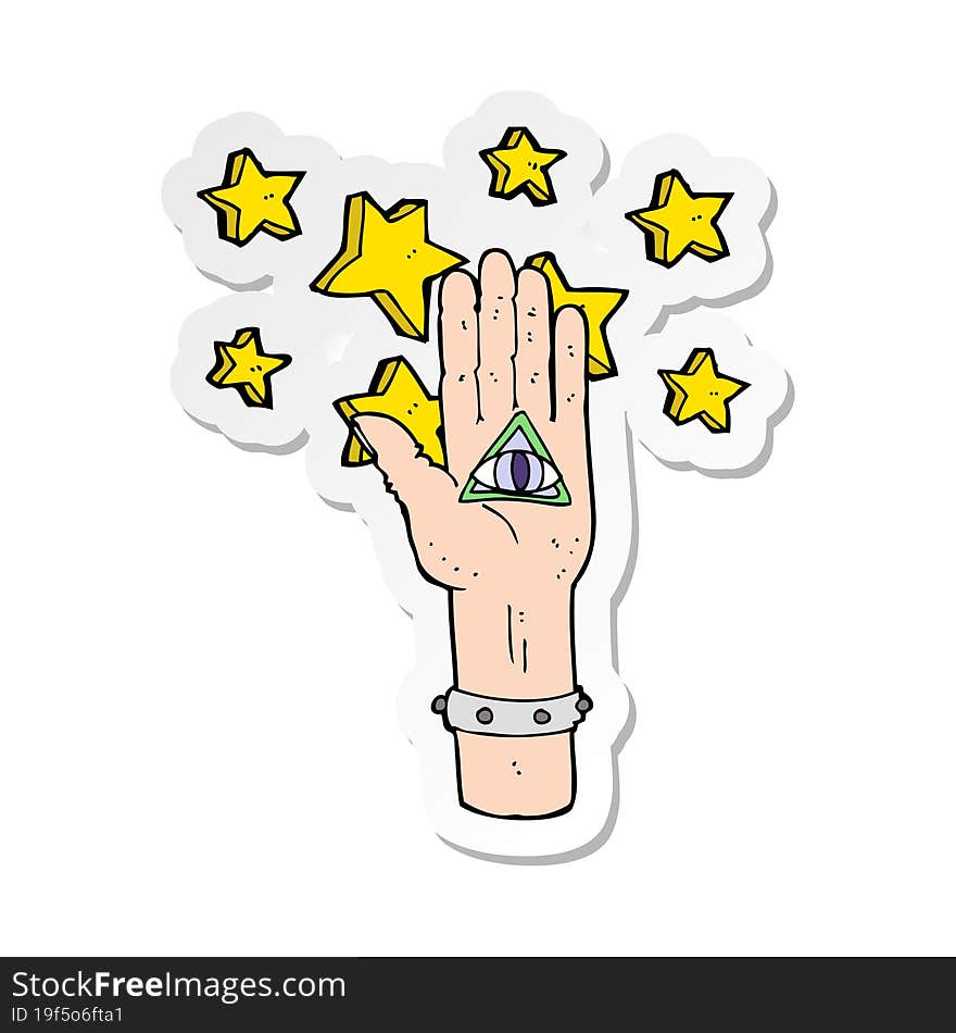 sticker of a cartoon mystic eye hand symbol