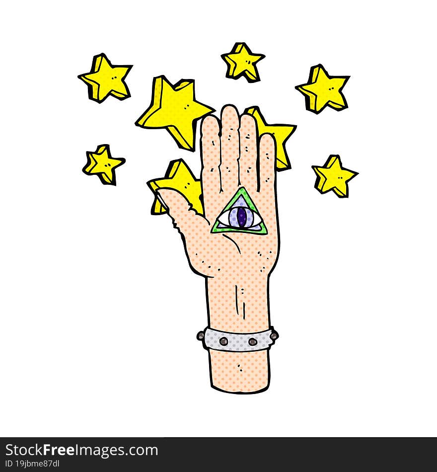 cartoon mystic eye hand symbol