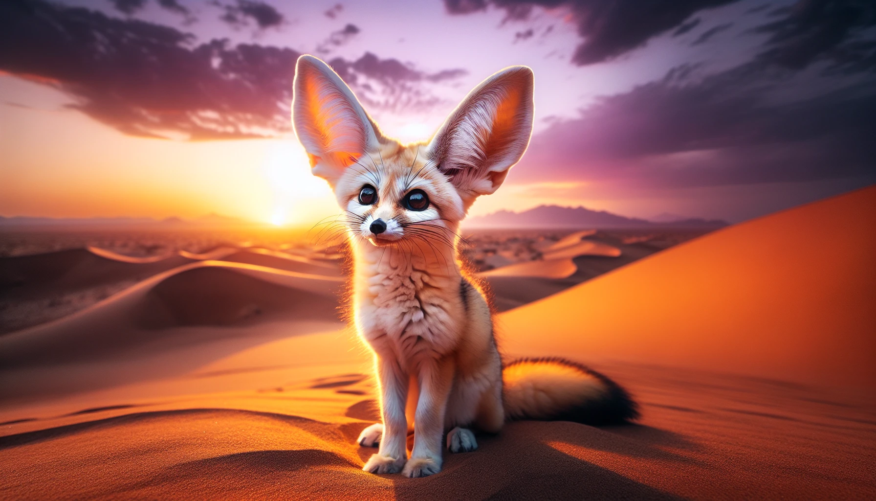 Fennec fox sitting in a desert landscape