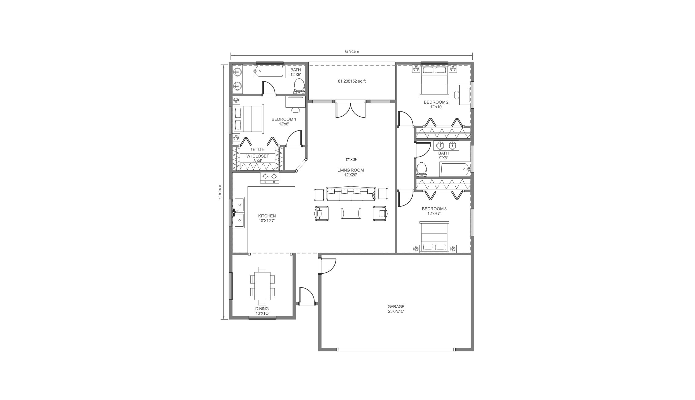 1250 sq.ft French floor plan