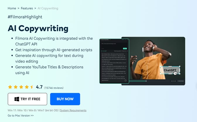 Filmora ai copywriting feature page