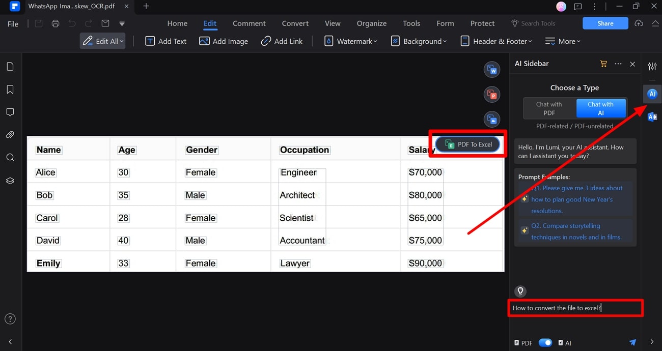 access pdf to excel with ai sidebar