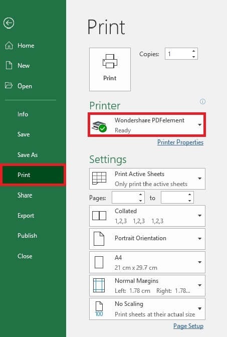 print to pdf excel