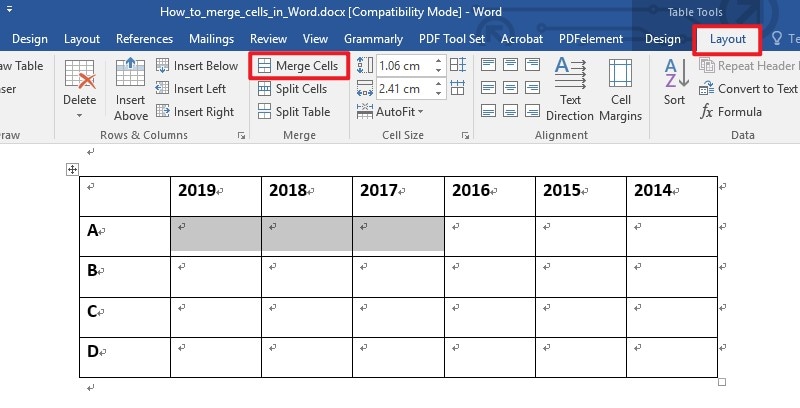 merge cells in word