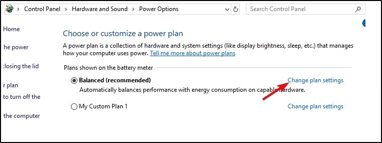 ketuk pada change power plan settings