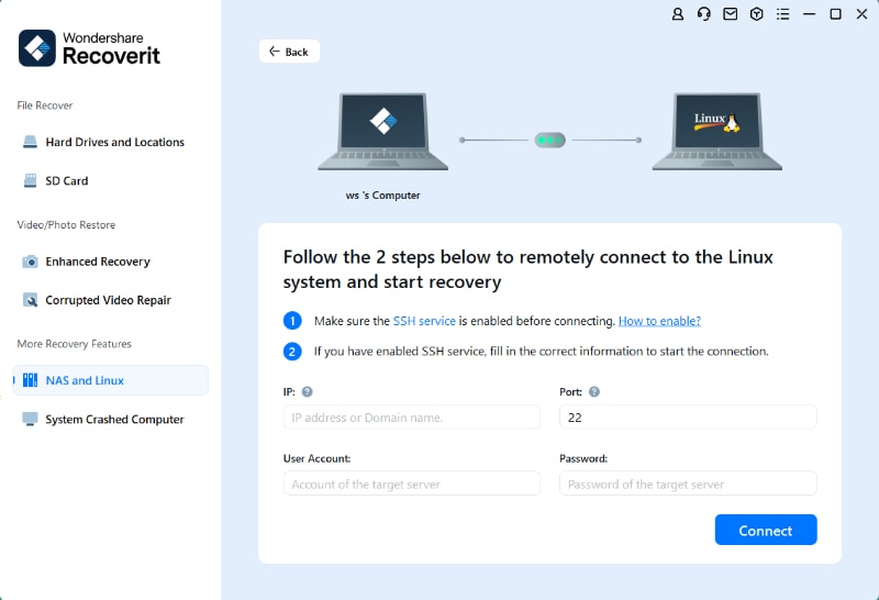 remote connection to recover data from linux computer