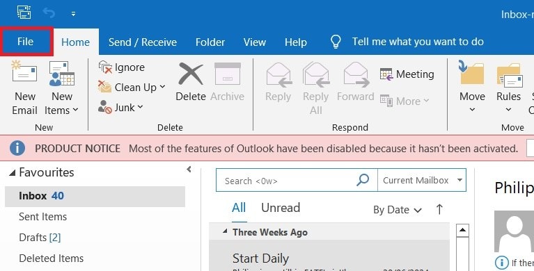 microsoft outlook file tab