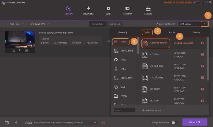 Select MP4 as output format