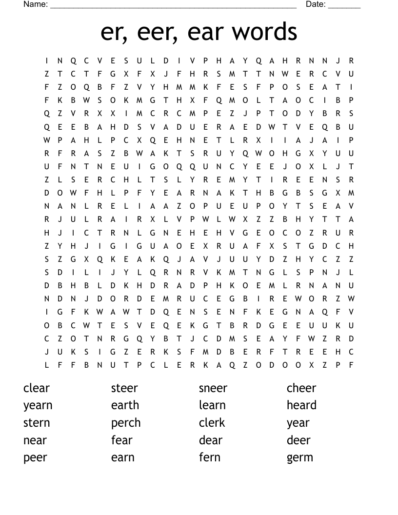 er, eer, ear words Word Search