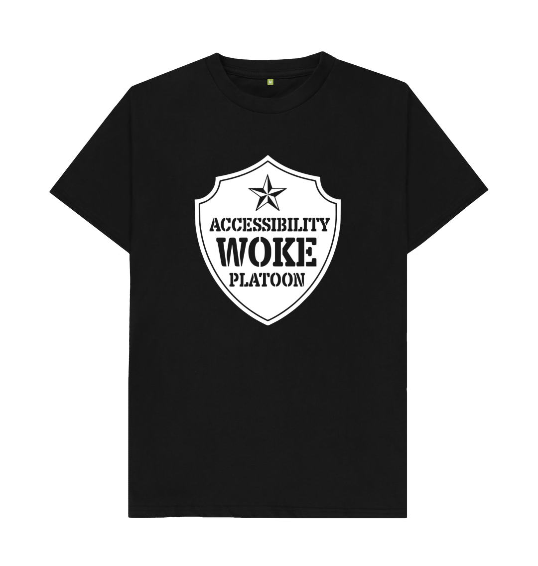 White design on a black T-shirt: Insignia with the text accessibility woke platoon printed in an army style stencil font