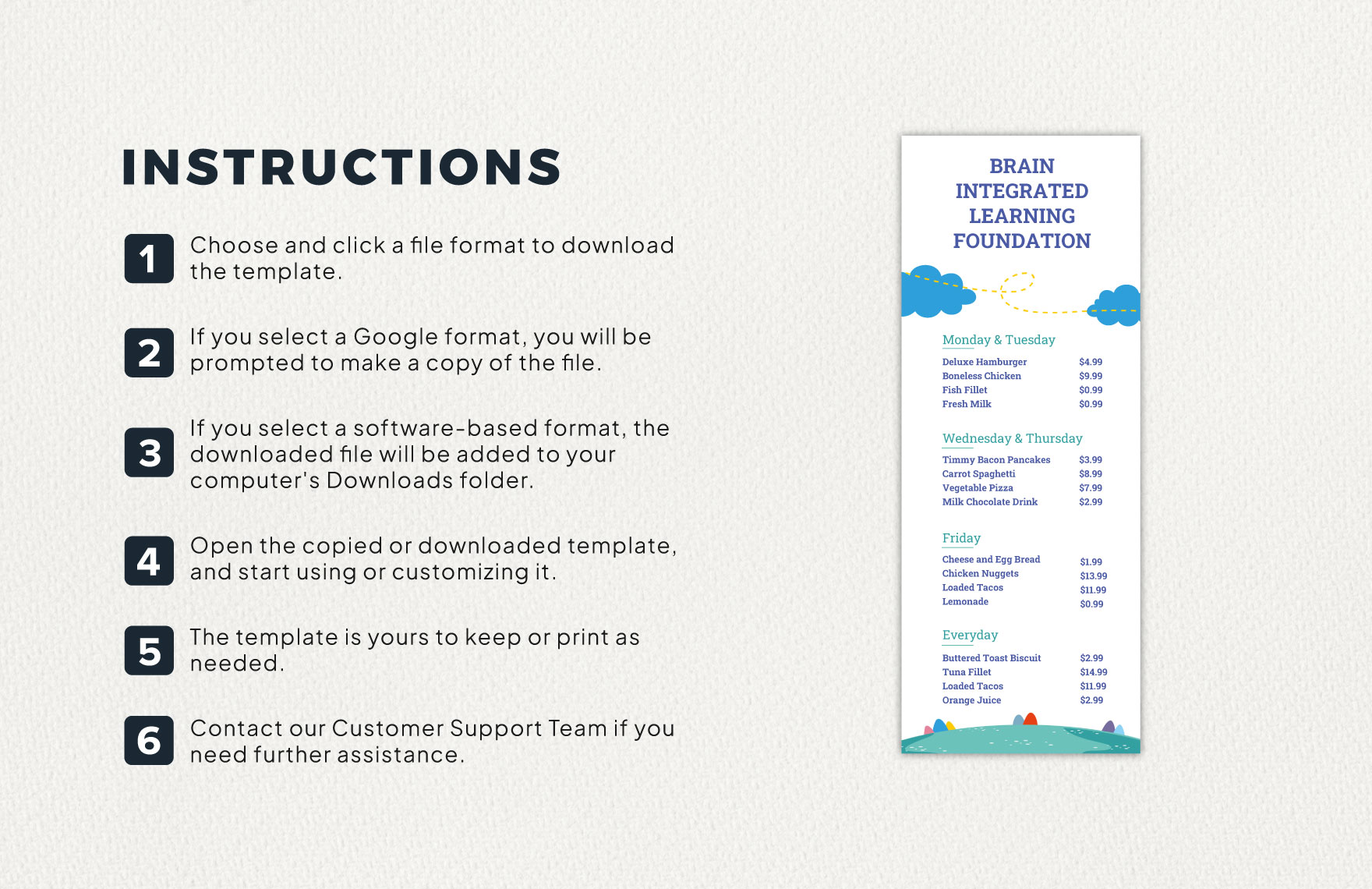 Preschool Food Menu Template