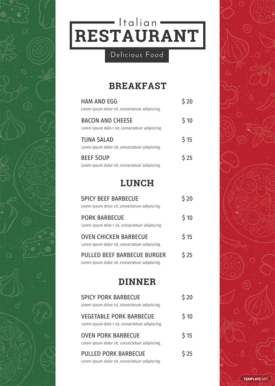 Simple Italian Menu Template in Word, Illustrator, PSD, Apple Pages, Publisher, InDesign