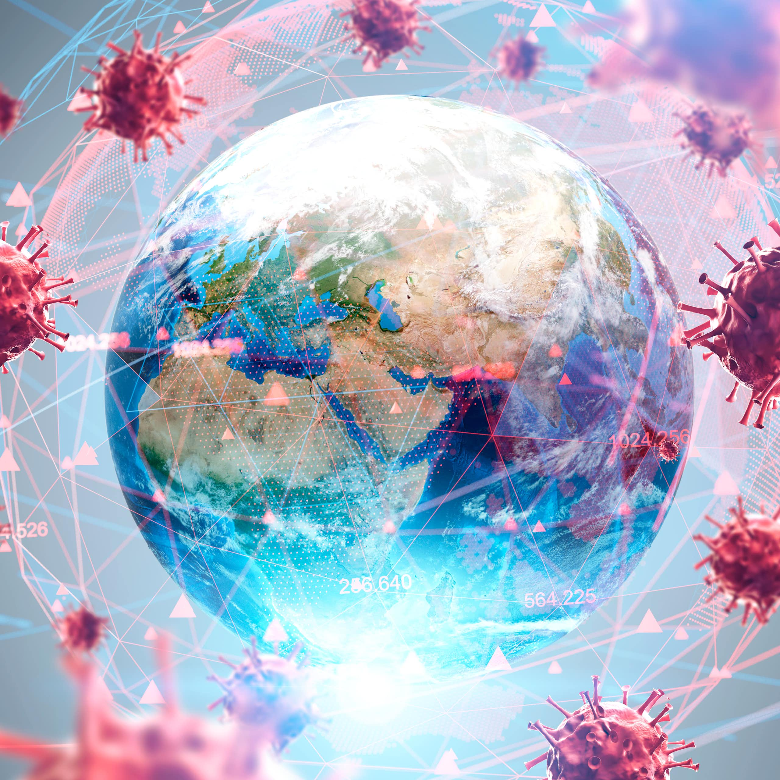 An illustration of COVID viruses surrounding the globe.