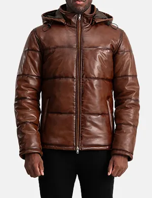 Gordon Waxed Brown Hooded Leather Puffer Jacket - The Jacket Maker