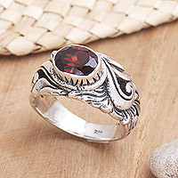 Garnet solitaire ring, 'Feminine Charm' - Unique Sterling Silver and Garnet Ring