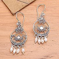 Pearl chandelier earrings, 'Bali Melody' - Sterling Silver Pearl Chandelier Earrings