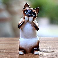 Wood statuette, 'Speak No Evil Siamese Cat' - Original Hand Carved Wood Sculpture