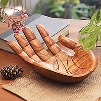 Wood hand sculpture, 'Praise and Gratitude' - Signed Handcarved Wood Hand Sculpture from Bali