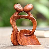 Wood sculpture, 'Abstract Kissing I' - Hand Made Romantic Wood Sculpture