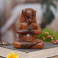 Wood statuette, 'Praying Elephant' - Handmade Balinese Suar Wood Statuette of Elephant at Prayer