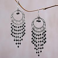 Onyx chandelier earrings, 'Raining Dreamcatchers' - Circular Black Onyx Chandelier Earrings from Indonesia