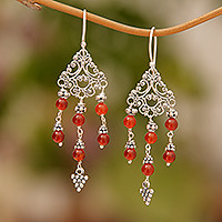 Carnelian chandelier earrings, 'Amlapura Altar' - Indonesian Handmade Sterling Silver and Carnelian Earrings