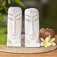 Sandstone sculptures, 'Harum Couple' (pair) - Pair of Hand Carved Sandstone Face Sculptures from Indonesia