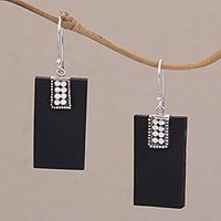 Lava stone dangle earrings, 'Sukawati Dominoes' - Indonesian Lava Stone and Sterling Silver Handmade Earrings