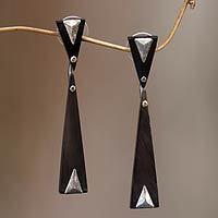 Horn dangle earrings, 'Black Mountain' - Handcrafted Silver Accent Earrings with Water Buffalo Horn