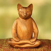 Wood sculpture, 'Ginger Cat Does Yoga' - Lotus Position Yoga Cat Carving