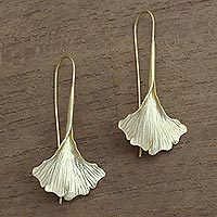 Gold plated sterling silver drop earrings, 'Golden Ginko Leaf' - Gold Plated Sterling Silver Ginko Leaf Drop Earrings