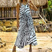 Rayon A-line dress, 'Black and White Jungle' - Onyx and Eggshell Rayon A-Line Dress from Bali