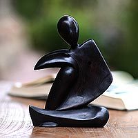 Wood sculpture, 'Deep Thinking' - Abstract Black Suar Wood Sculpture from Indonesia